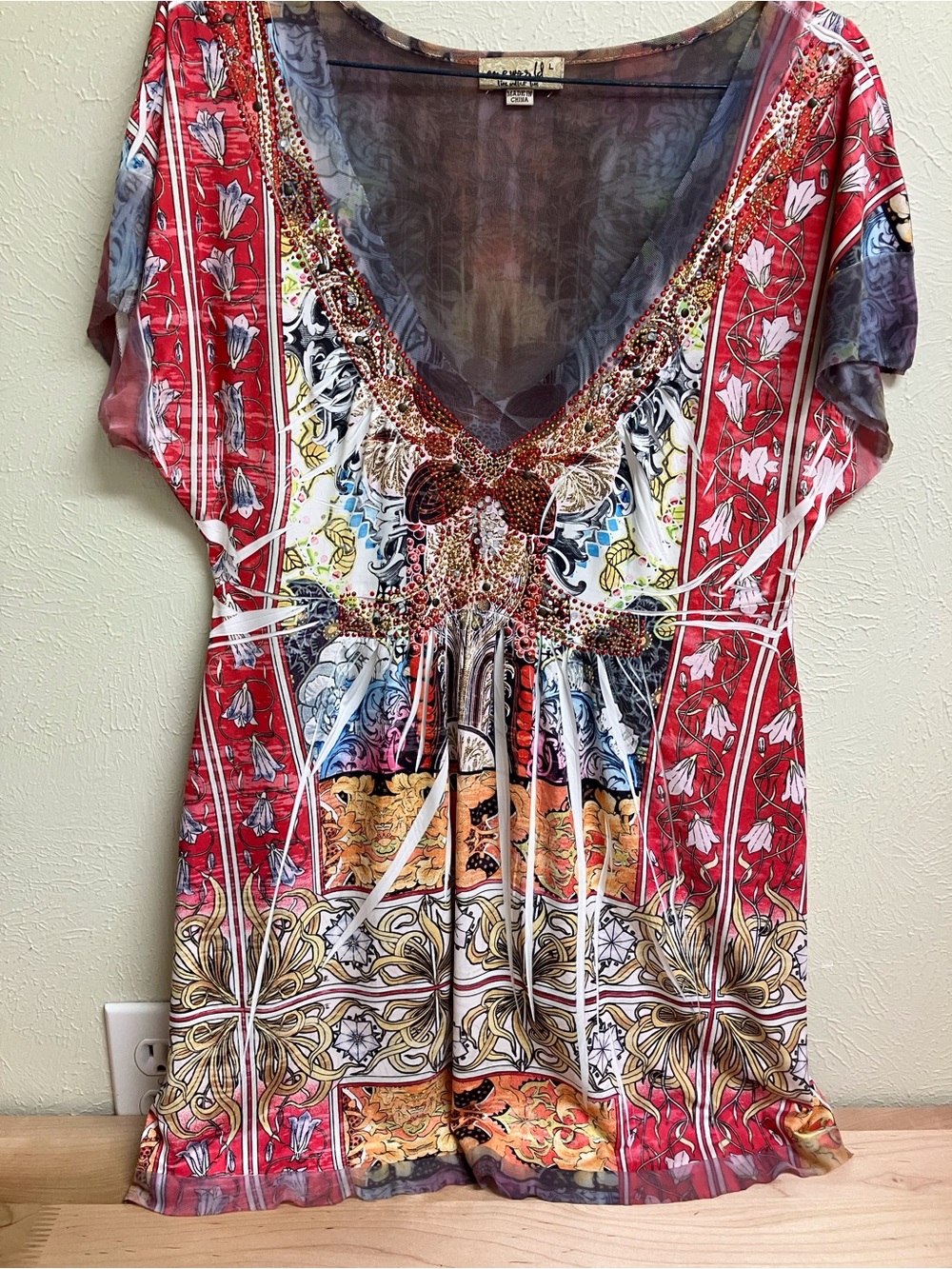 ONE WORLD Red Multicolor Embellished V-Neck Tunic